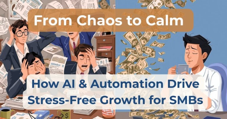 Business owner stressed with paperwork transforming to relaxed entrepreneur with automated systems generating revenue.