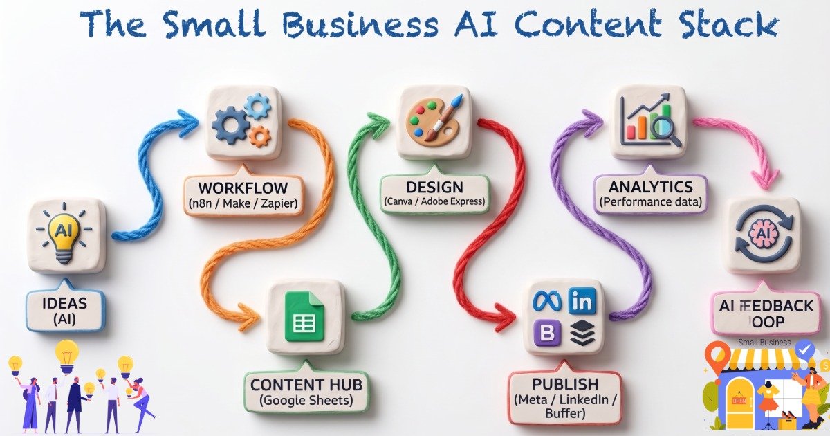 Small business AI marketing automation stack showing AI, workflow automation, content management, design, and publishing tools