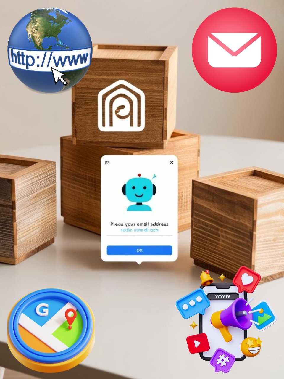 Icons representing diverse lead capture tactics for SMBs: website form submission, social media direct message interaction, and in-person sign-up.