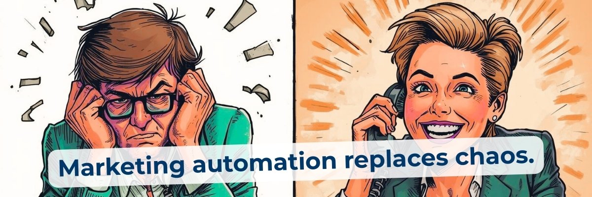 Split image showing a stressed marketer managing manual tasks versus a calm professional closing client calls using marketing automation