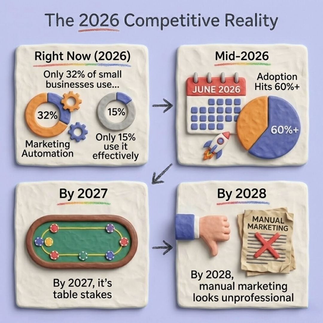 Marketing automation adoption statistics showing low usage today and rapid growth becoming standard by 2027 and 2028