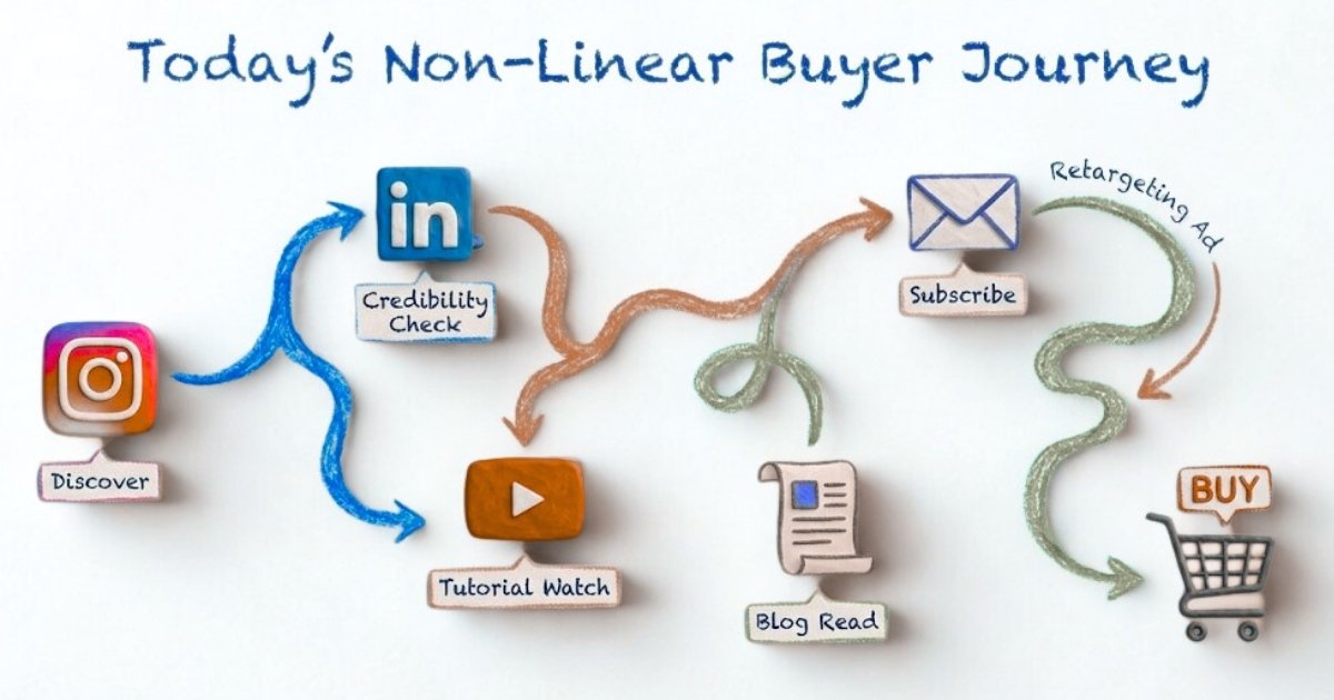 Modern buyer journey showing how customers move from social media and content to email and retargeting ads before purchasing