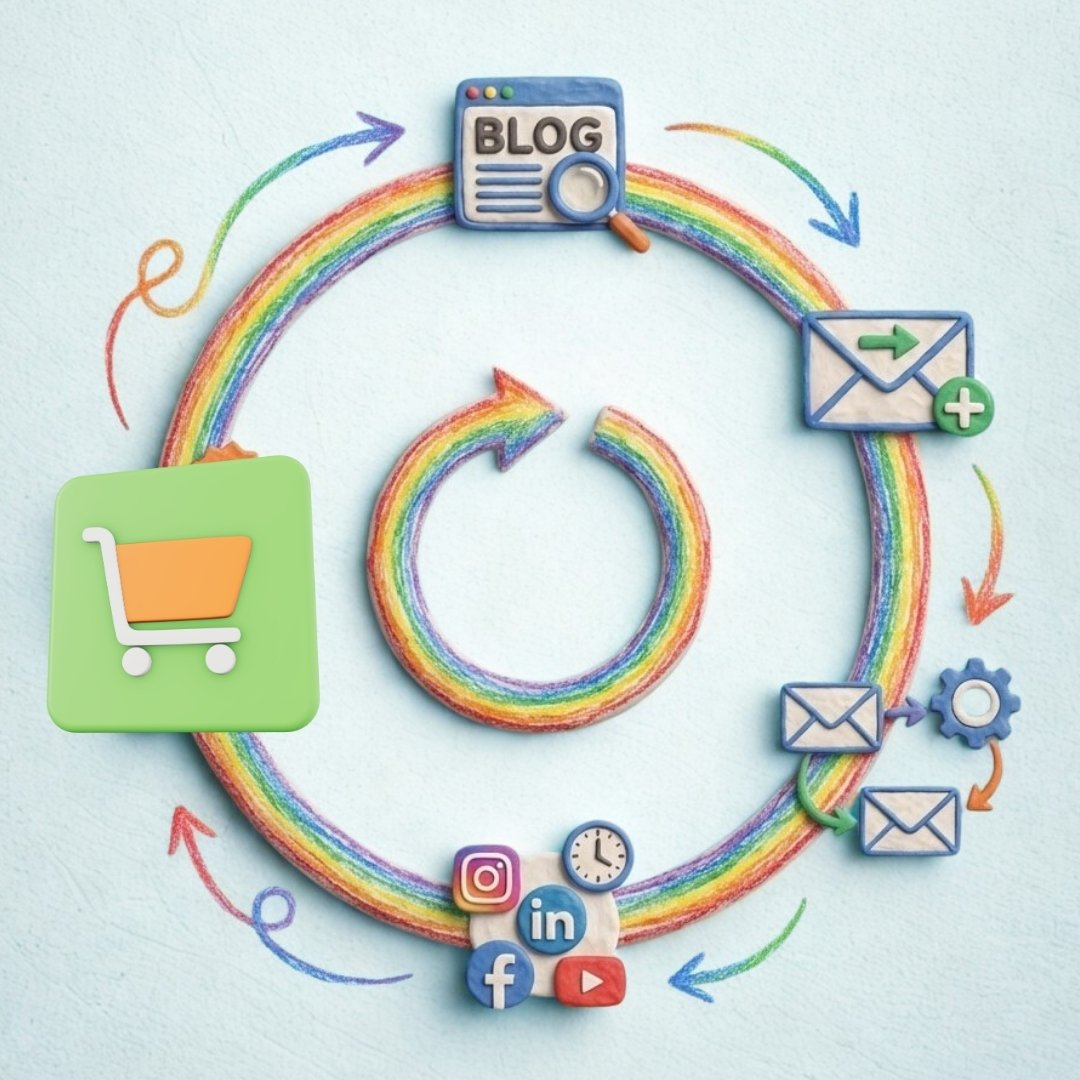 Self-sustaining marketing loop showing SEO blogs, email automation, social media content, and repeat traffic cycles